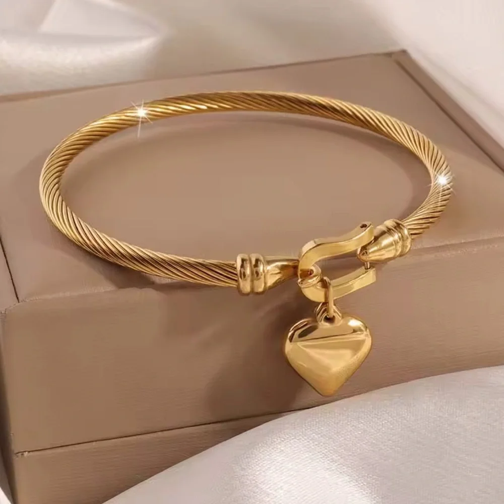 18k Gold Stainless Steel Heart Pendant Charm Bangle Bracelet
